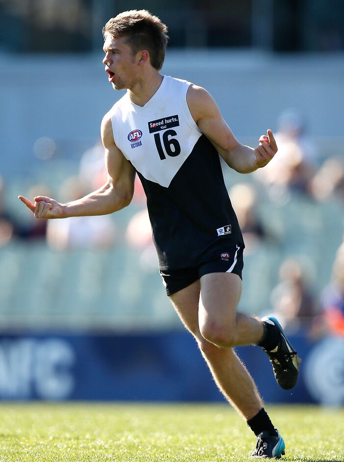 TAC Cup 2014 1st Semi Final - North Ballarat v Sandringham Daniel Butler of the Rebels celebrates a goal during the TAC Cup 1st Semi Final match between the North Ballarat Rebels and Sandringham Dragons at Visy Park, Melbourne on September 7, 2014. (Photo: Michael Willson/AFL Media)